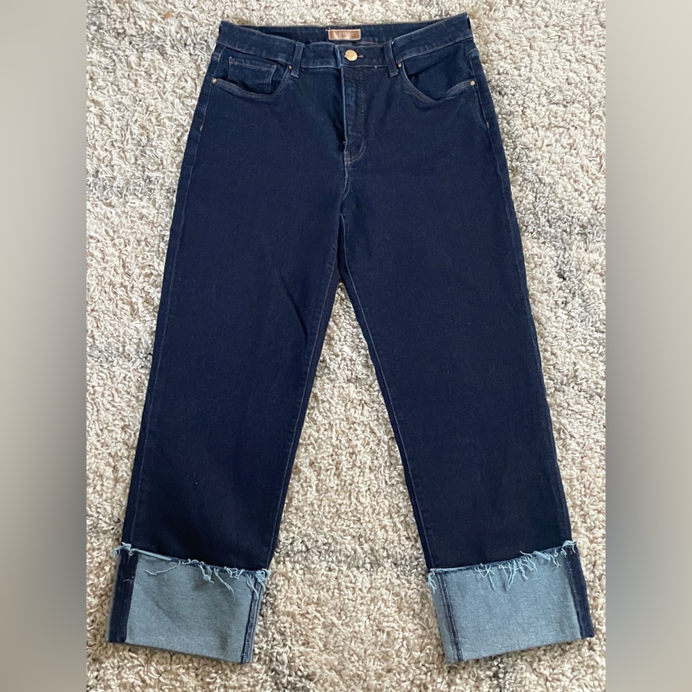 KUT from the‎ Kloth Dark Wash Straight Leg Jeans Wide Frayed Cuff Size 8